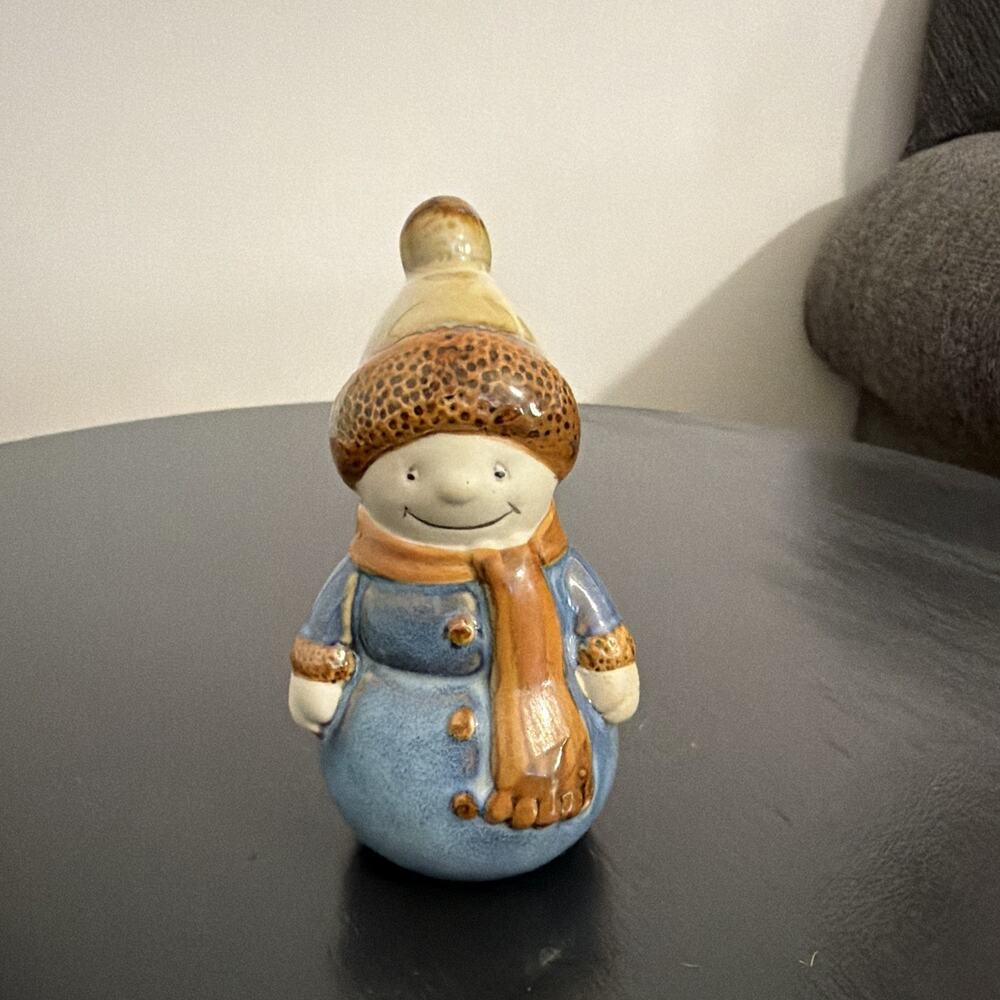4.5” Ceramic Winter Snowman Figurine Blue Coat Brown Scarf Glossy Finish